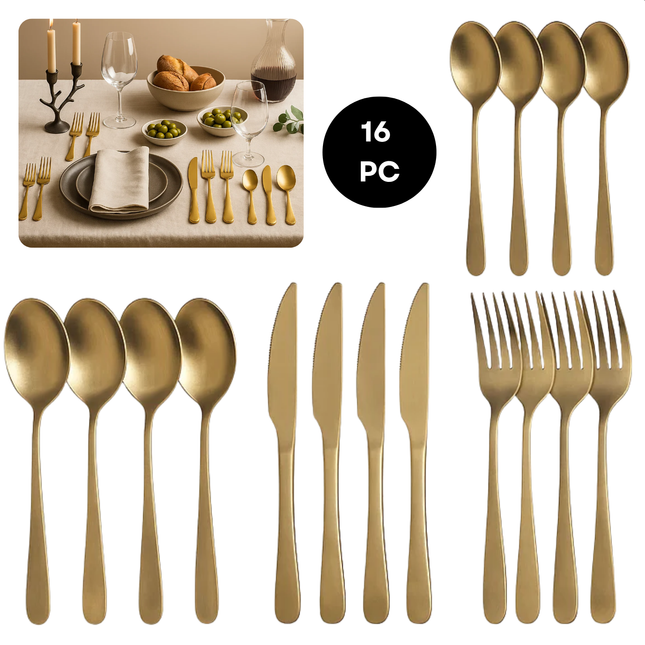 Cheqo® 16-Delige Bestekset - Mat Goud - Roestvrij Staal - Vaatwasserbestendig - Handwas Aanbevolen - Bestekset Voor 4 Personen - Lepels, Messen, Vorken - Tafelbestek - Stijlvolle Afwerking - Hoogwaardige Kwaliteit - Elegant Design