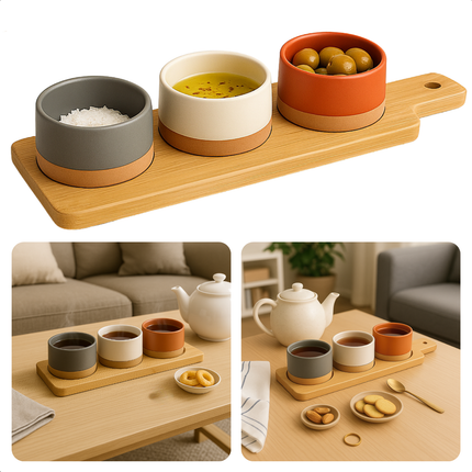 Cheqo® Tapas Serveerset - Serveerplank - Tapas Set op Bamboe Plank - Hapjes Plank - Hapjesplank - Borrelplank - Aardewerk Schaaltjes