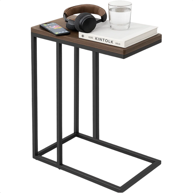 Cheqo® Bijzettafel Metaal En Hout - Banktafeltje - Zwart Metalen Frame - Bruin MDF Tafelblad - Makkelijk Aan De Bank Te Schuiven - Tafeltje - Industrieel Design - Bijzettafel Zwart En Bruin - Bijzettafel Woonkamer - Bijzettafel Modern