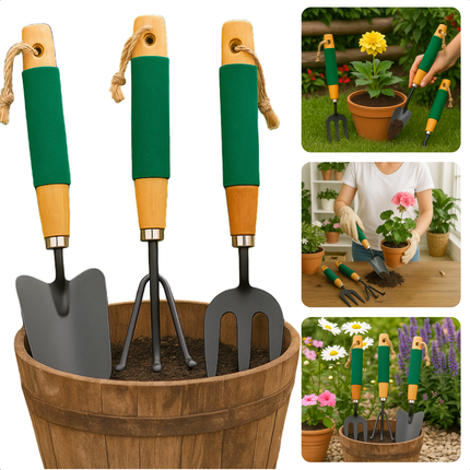 Cheqo® Tuingereedschap Set - Tuin Gereedschap Set - Tuingereedschapset - Hark - Spitvork - Plantschep - Tuin Accessoires - Voor Klein Tuinwerk - Houten Handvat - 27 cm