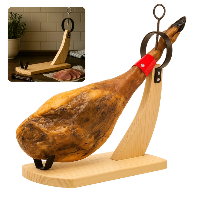 Cheqo® Spaanse Hamhouder - Geschikt voor 4 tot 9 KG - Grenen Hout en Metaal - Spaanse Ham Accessoires - Serrano Hamhouder - Hamhouder voor Keuken - Hamhouder voor Vlees - Hamhouder voor Paleta Curada