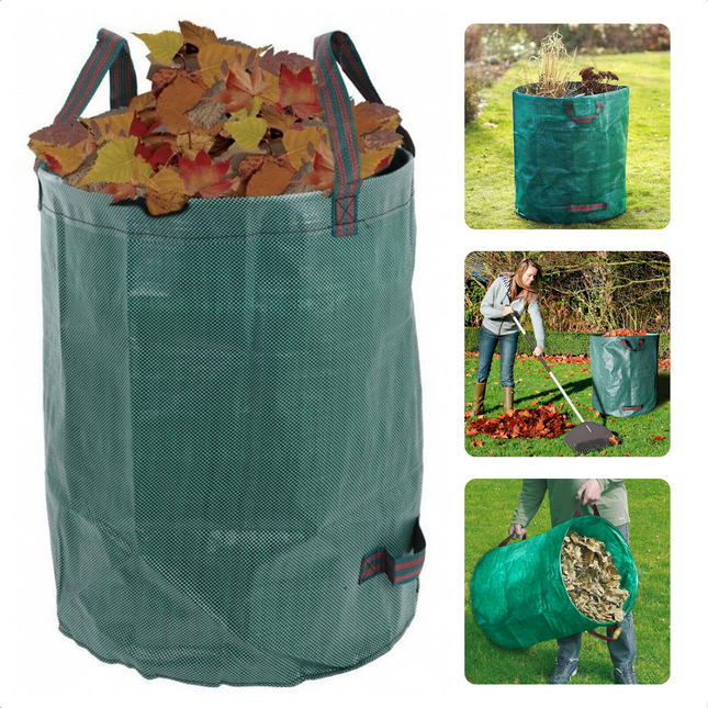 Opvouwbare Cheqo tuinafvalzak van 125L gevuld met bladeren, met hengsels, ideaal voor tuinonderhoud en het verzamelen van snoeiafval.