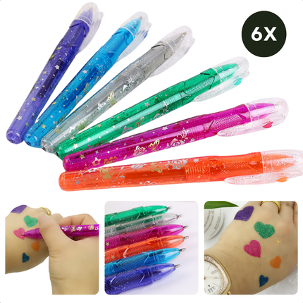 Cheqo® Tattoo Gelpennen voor Kinderen - Glittergel Pennen - Glitterpen - Glitter Pen Huidvriendelijk - Creatieve Tekenpennen Set 6 Kleuren