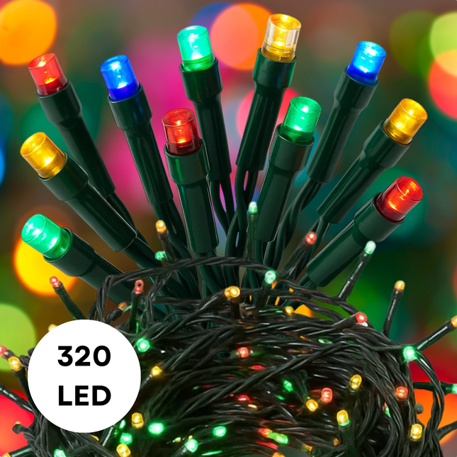 Cheqo® LED Kerstverlichting - Kerstlampjes - Kerstboomverlichting - 320 LED Lampjes - Multicolor Verlichting - Veelkleurige LED - 24 Meter Lengte - 8 Lichtfuncties - Geheugenfunctie - Timerfunctie - Binnen en Buiten - IP44 Adapter