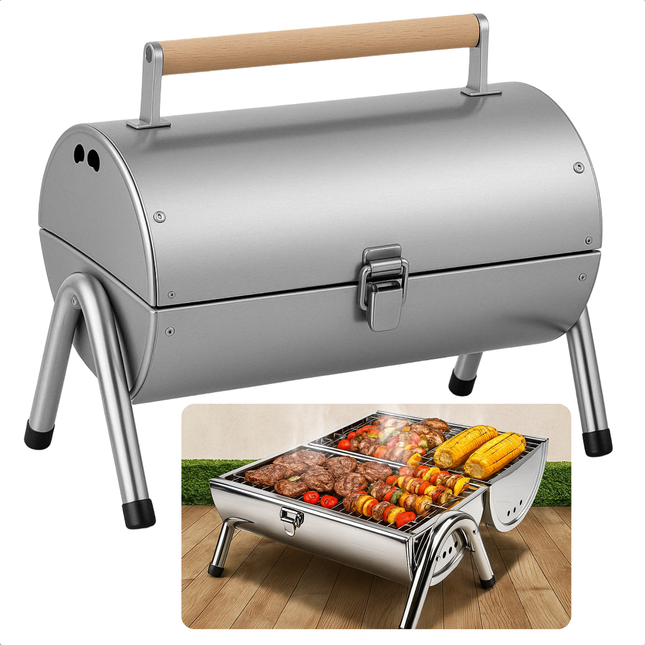 Cheqo® Draagbare Houtskoolbarbecue - Tafelmodel BBQ - Houtskool BBQ - Tafelgrill - Barbecue - Compact voor Balkon en Camping - RVS Design