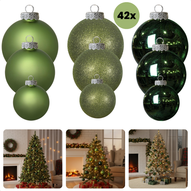 Cheqo® Donkergroene Glazen Kerstballen - Kerstboomversiering Donkergroen - Glans En Mat - Glitter Kerstballen - Kerstbal Set Van 42 Stuks - Verschillende Afmetingen - Rode Kerstballen - Kerstbal Rood