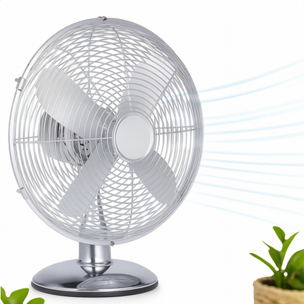 Cheqo® Tafelventilator 30 cm – Retro Design – Chroom – 3 Snelheden – Kantelbaar – Zwenkfunctie – Metalen Bladen – Bureau Ventilator – Stil – Compact – Verstelbare Kop – Energiezuinig – Ventilator met Handvat – 35 Watt