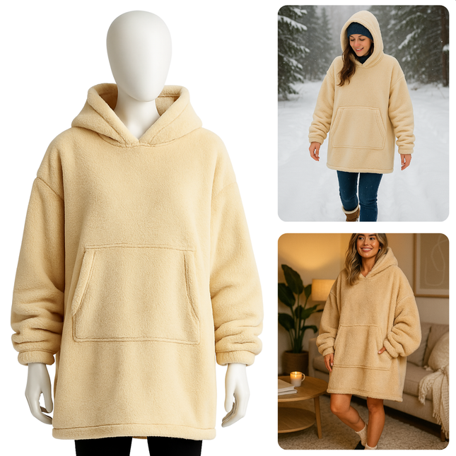 Cheqo® Damesmodel Hoodie - Creme Kleur - One Size - Wasbaar Op 30 Graden - Teddy Polyester - Fluffy Trui - Comfortabele Hoodie - Zachte Stof