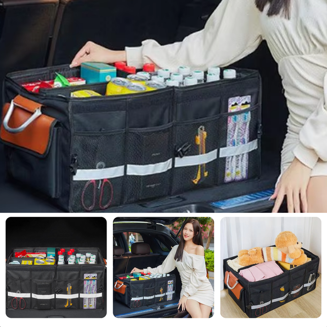 "Cheqo® Auto Organizer with compartments in car trunk, featuring Oxford 600D material and spacious design, ideal for storage."
