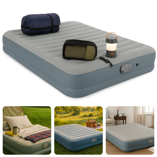 Cheqo® 2-Persoons Luchtbed 200x150cm – Opblaasmatras met Ingebouwde Pomp – Alwayzaire Technologie – Fortech Materiaal – I-Beam Constructie – Luchtbed met Kussen – Camping & Festival Logeerbed – USB-oplaadkabel – 350kg Draaggewicht