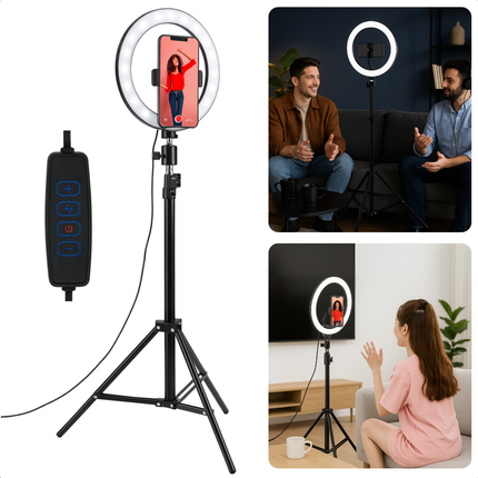 Cheqo® Ringlamp Met Statief - Selfie Ringlight - 20 cm Diameter - 80 LEDs - Verstelbaar Statief - 210 cm Hoogte - Drie Lichtmodi - 360° Draaibare Telefoonhouder - USB Voeding - Dimbare Verlichting - TikTok En YouTube - Contentmakers