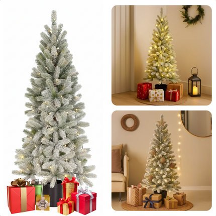 Cheqo® Kunstkerstboom Met Verlichting en Sneeuw- LED Lampjes - Warm Wit Licht - Compacte Kunst Kerstboom - Op Batterijen - Kleine Kunstboom - Sfeervolle Decoratie - Besneeuwde Takken - Natuurgetrouwe Takjes