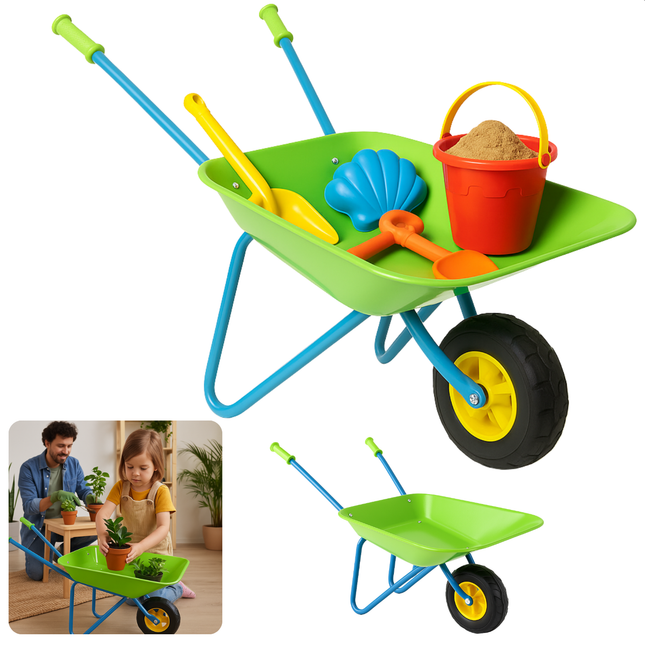 Cheqo® Metalen Kinderkruiwagen - Kruiwagen voor Kinderen - Speelgoed Kinderen Tuin - Tuinieren Voor Kinderen - Tuinkruiwagen - Kindertuingereedschap