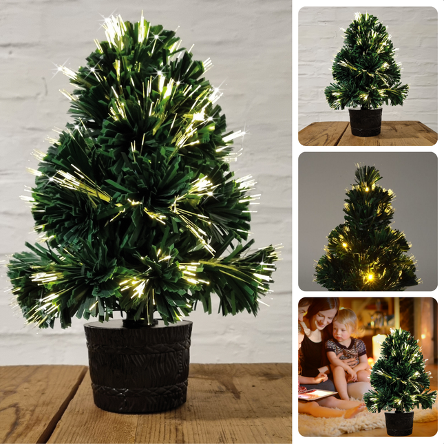 Cheqo® Mini Kunstkerstboom met fiber optic verlichting, 45 cm, warm wit licht voor binnengebruik, sfeervol en compact design.