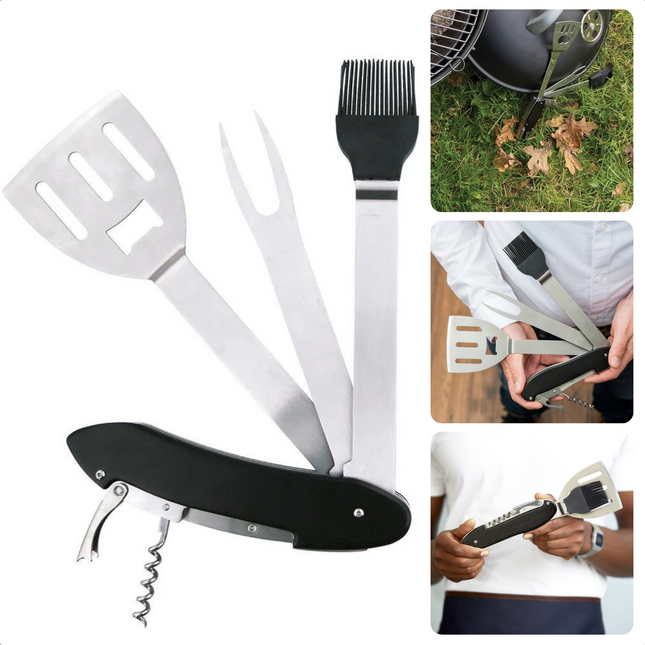 Cheqo® multifunctioneel BBQ gereedschap 5-in-1 multitool met tang, vork, spatel, borstel en flesopener, inklapbaar design.