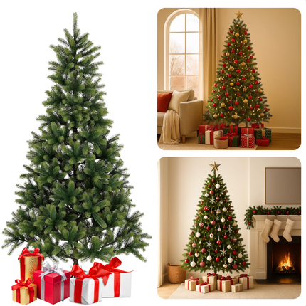 Cheqo® Kunstkerstboom 240 CM - Realistische Naalden - Scharnierconstructie - Snel Op Te Zetten - Groen - Zonder Verlichting - Voorgevormde Takken - Natuurgetrouwe Uitstraling - Kerstboom Decoreren - Kunstboom