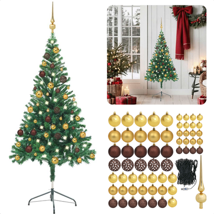 Cheqo® Kerstboom - Kunstkerstboom 150 cm - Met LED-verlichting en Kerstballen - PVC - USB-aansluiting