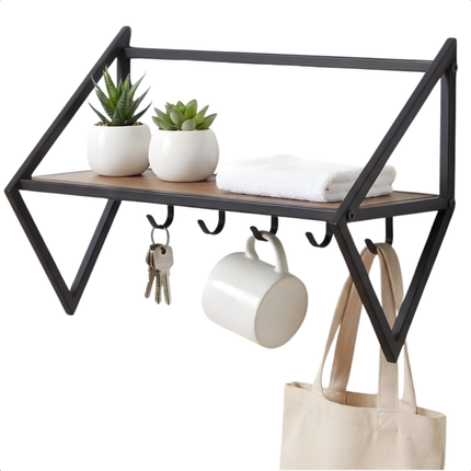 Cheqo® Wandkapstok - Kapstok met Plank - Wandkapstok met Plank - Wandkapstok met Haken - Wandkapstok 7 Haken - Zwarte Wandkapstok - Kapstok Hal - Kapstok Industrieel Zwart