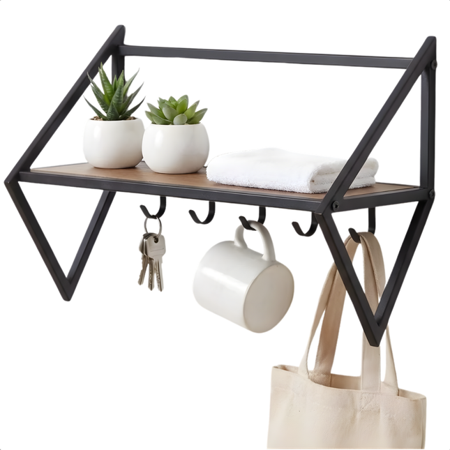 Cheqo® Wandkapstok - Kapstok met Plank - Wandkapstok met Plank - Wandkapstok met Haken - Wandkapstok 7 Haken - Zwarte Wandkapstok - Kapstok Hal - Kapstok Industrieel Zwart