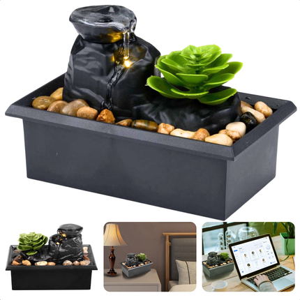 Cheqo® Kamerfontein - Binnenfontein - Rustgevende Zen Sfeer - LED Verlichting - Compact Design - Kunstplant - Tuinfontein - Cascadefontein - Binnenfontein - Fontein - Waterornament