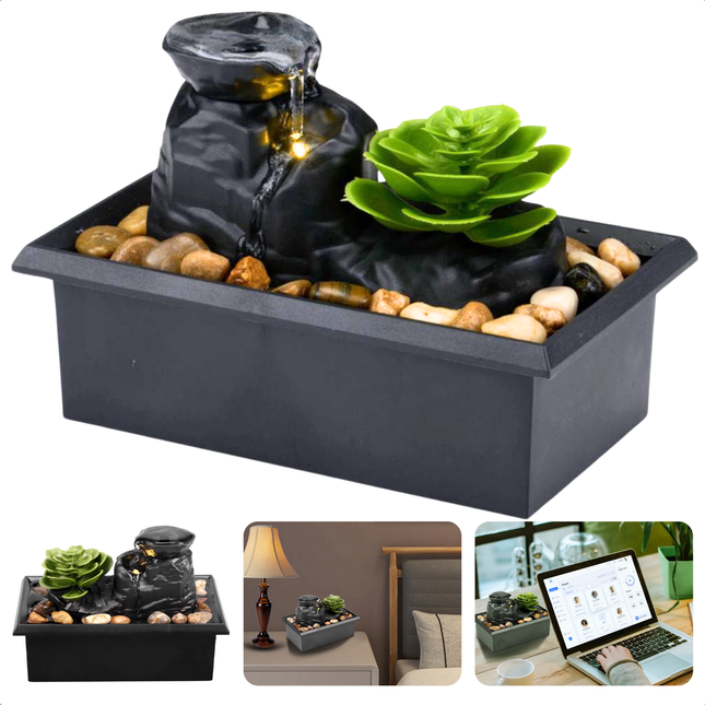 Cheqo® Kamerfontein - Binnenfontein - Rustgevende Zen Sfeer - LED Verlichting - Compact Design - Kunstplant - Tuinfontein - Cascadefontein - Binnenfontein - Fontein - Waterornament