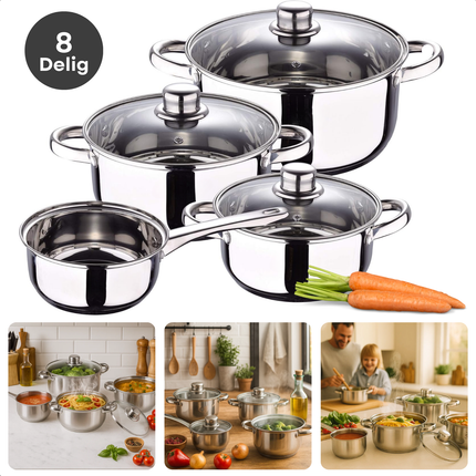Cheqo® Roestvrijstalen Pannenset – 8-Delige Pannenset – Geschikt voor Inductie & Alle Warmtebronnen – Vaatwasmachinebestendig – Glazen Deksel met Stoomgat – PFAS-Vrij – Met Maataanduiding – Kookpan met Deksel – Sauspan met Deksel