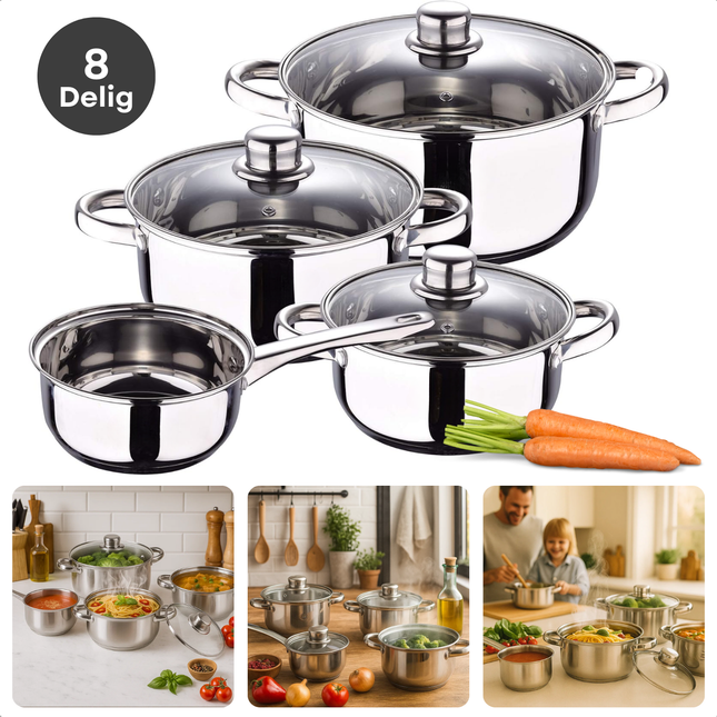 Cheqo® Roestvrijstalen Pannenset – 8-Delige Pannenset – Geschikt voor Inductie & Alle Warmtebronnen – Vaatwasmachinebestendig – Glazen Deksel met Stoomgat – PFAS-Vrij – Met Maataanduiding – Kookpan met Deksel – Sauspan met Deksel