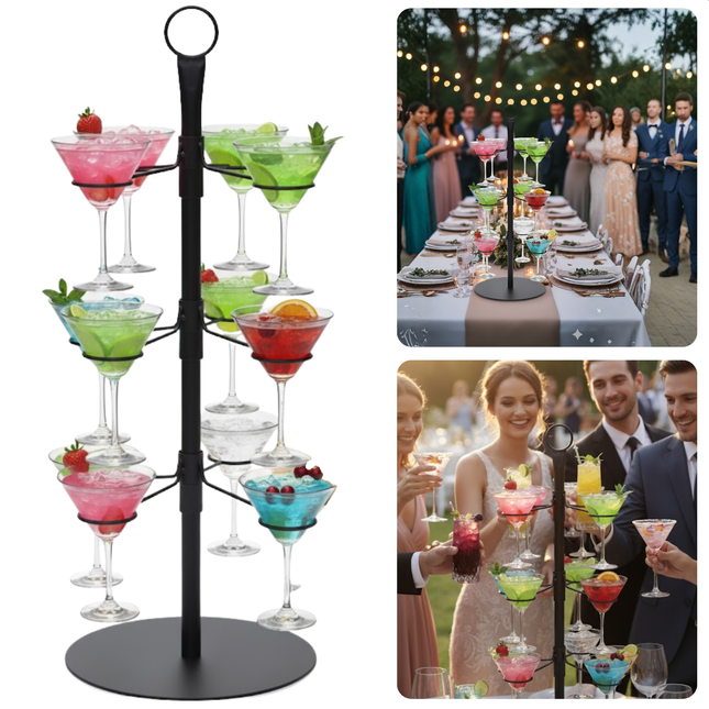Cheqo® Cocktailboom - Etagere Voor Glazen - Cocktail Standaard - Geschikt Voor 12 Glazen - Metaal Zwart - Cocktailglazen Houder - Decoratieve Etagere - Cocktail Toren - Thuisbar - Feest Decoratie - Cocktail Boom - Martinitoren