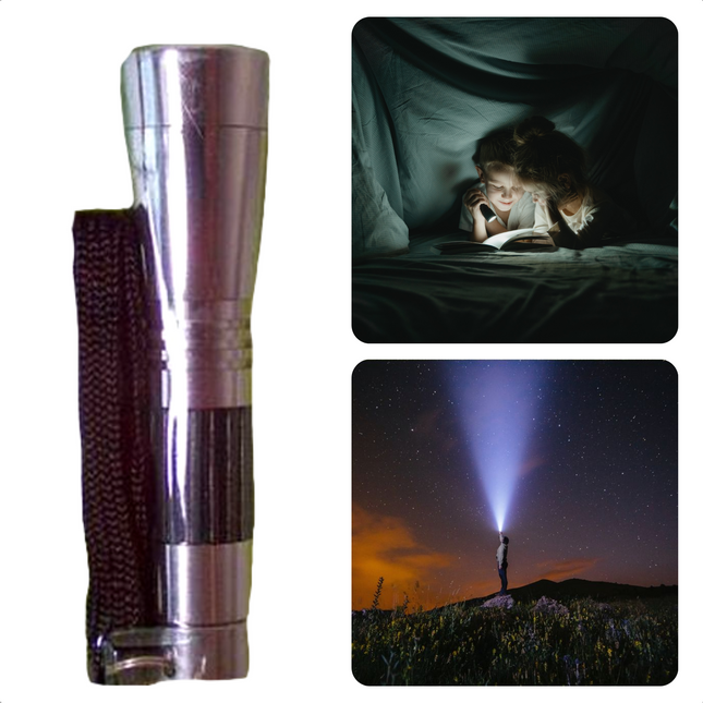 Cheqo® LED Zaklamp - 3 LED's - Aluminium - Lange levensduur - Cool White Lichtkleur - 10cm - Exclusief 1 x AA Batterijen - Met Polsband - 100.000 Branduren - Outdoor - Camping - Survival Zaklampen