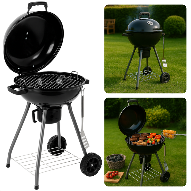 Cheqo® Houtskool Barbecue Ø45 cm - Houtskoolbarbecue - Met Deksel en Wielen - Draagbare BBQ voor Tuin of Camping