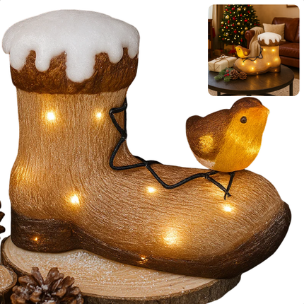 Cheqo® Verlicht Kerstfiguur Acryl - Vogel Op Laars - LED Verlichting - Kerstversiering - Acryl Materiaal - Werkt Op Batterijen - Binnen En Buiten - Timerfunctie - IP44 Batterijbox - Verlicht Kerstfiguur - Decoratieve Verlichting