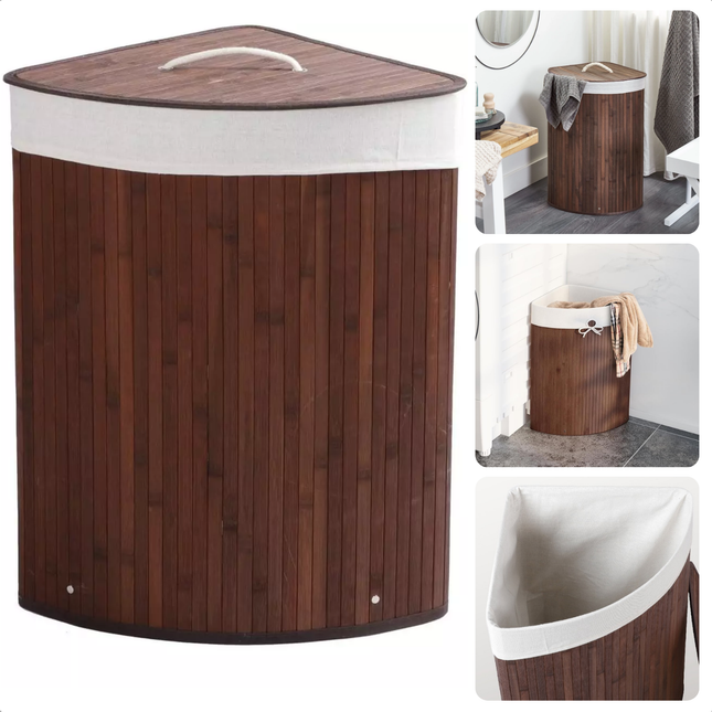 Cheqo® Bamboe Hoek Wasmand met Waszak - Bruin - 72L - Opvouwbaar met Deksel - Duurzaam en Stijlvol