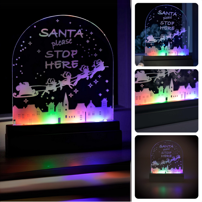 Cheqo® Kerstverlichting LED - Santa Please Stop Here - Meerkleurig Decoratief Bord - Acryl Kerstversiering - 30x20 cm