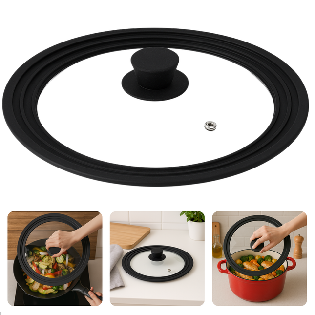 Cheqo® Universele Glazen Pannendeksel Ø24/26/28cm – Pannendeksel met Siliconen Rand – Anti Spatdeksel – Hittebestendige Deksel – Geschikt voor Pannen – Vaatwasserbestendig – Transparant Glas
