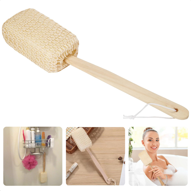 Cheqo® Luxe Badspons - Rugscrubber - Massagespons - Badborstel - Rugborstel Houten Handvat - Ontspanning Bad & Douche - Premium Badaccessoire