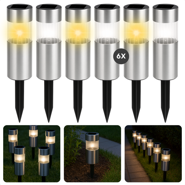 Cheqo® Solar Tuinlampen Set - Grondspots - Tuinfakkels - Tuinverlichting Set - Koel Wit Licht - RVS - Padverlichting Zonne Energie - Buitenverlichting