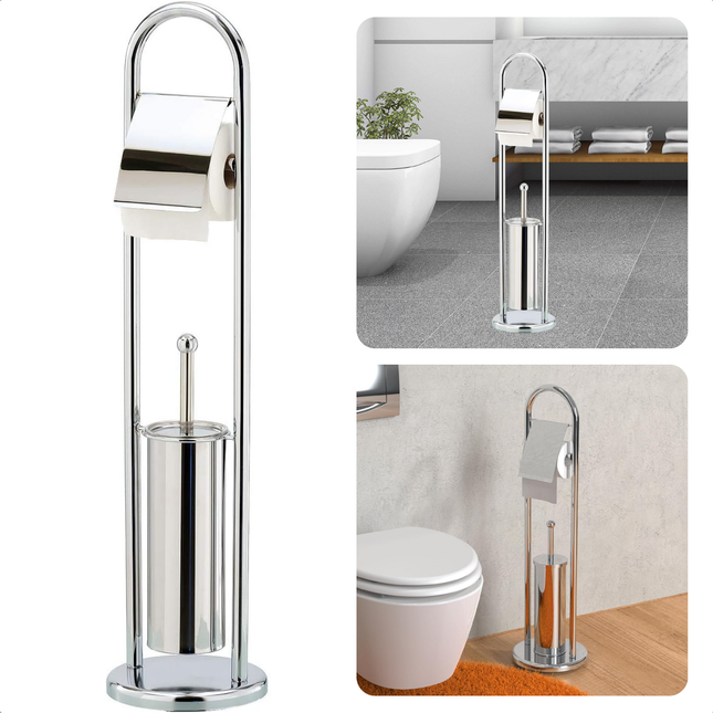 Cheqo® Staande Toiletset - Mat RVS - Vrijstaande Toiletrolhouder en Borstel - 80cm Hoog - Toiletbutler Vrijstaand - Toiletborstel met Houder - WC Rolhouder met Klep