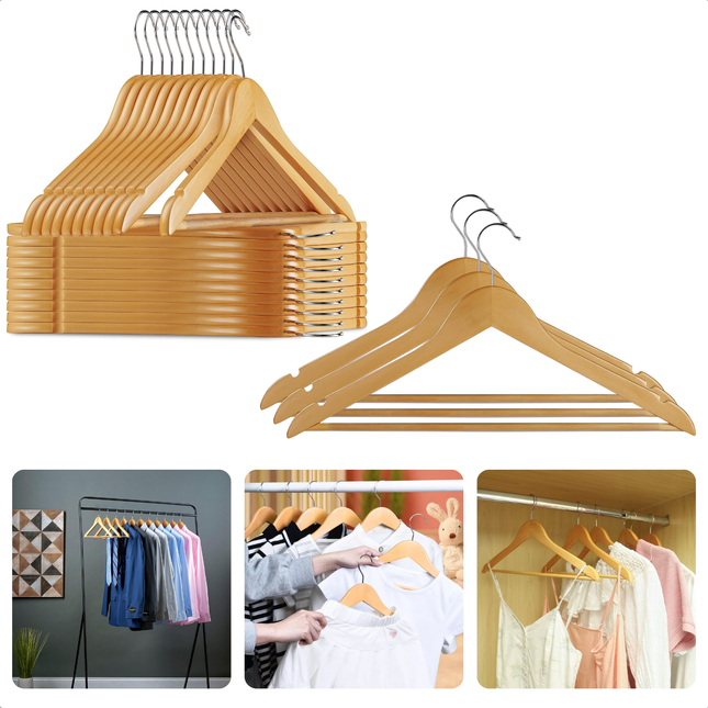 "Cheqo® houten kledinghangers set van 24, natuurlijke houttint met broeklat en inkeping, stijlvol en functioneel voor garderobe"