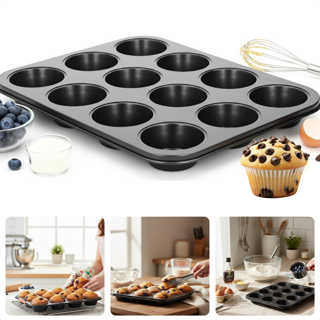 Cheqo® Muffinbakvorm 12 Vaks - Muffinvorm 12 Vaks - Cupcake Bakvorm 12 Vaks - Muffin Tray 12 - Cupcake Tray 12 - Bakblik Muffins 12 - Muffin Bakplaat - Cupcake Bakplaat - Muffinvorm - Muffinbakvorm