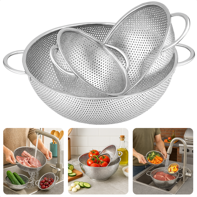 Cheqo® Roestvrijstalen Vergiet - Vergietset 3-Delig - Keukenaccessoire RVS - Verschillende Maten - 16.5 cm Vergiet - 22.5 cm Vergiet - 28.5 cm Vergiet