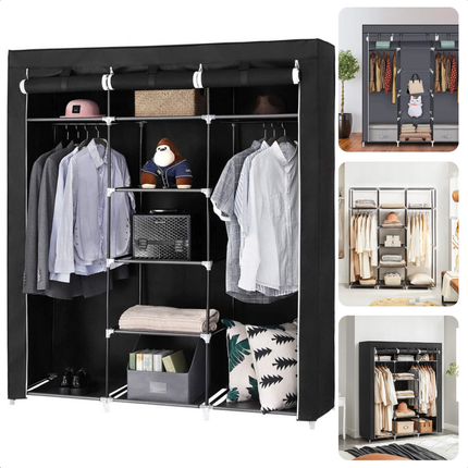 Cheqo® XXL Kledingkast - Opvouwbare Garderobekast - Campingkast - Slaapkamer Kast - Kleerkast - Zwart - Metalen Frame