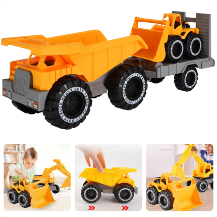 Cheqo® Bouwvoertuigen Speelgoed Set - Kiepwagen - Aanhanger - Bulldozer Speelgoed Voor Binnen en Buiten - Stevig Kunststof
