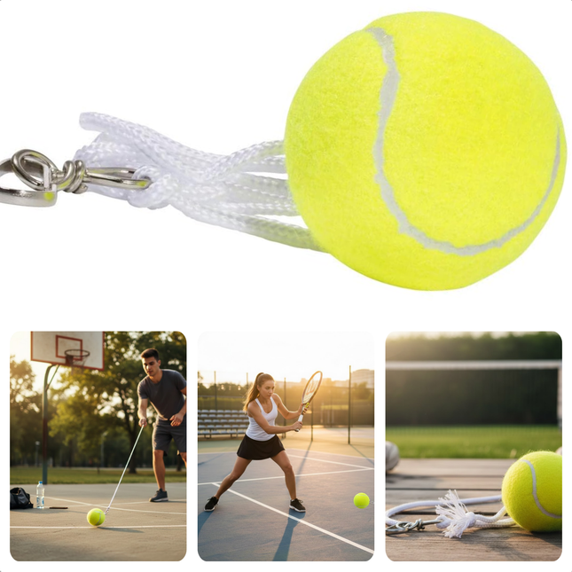 Cheqo® Tennisbal Met Touw - Tennisbal Aan Touw - Tennisbal Met Koord - Tennisbal Met Lijn - Tennisbal Met Clip - Tennis Trainer Bal - Tennis Trainingsbal - Tennis Oefenbal - Tennisbal Trainer - Tennisbal Terugslag