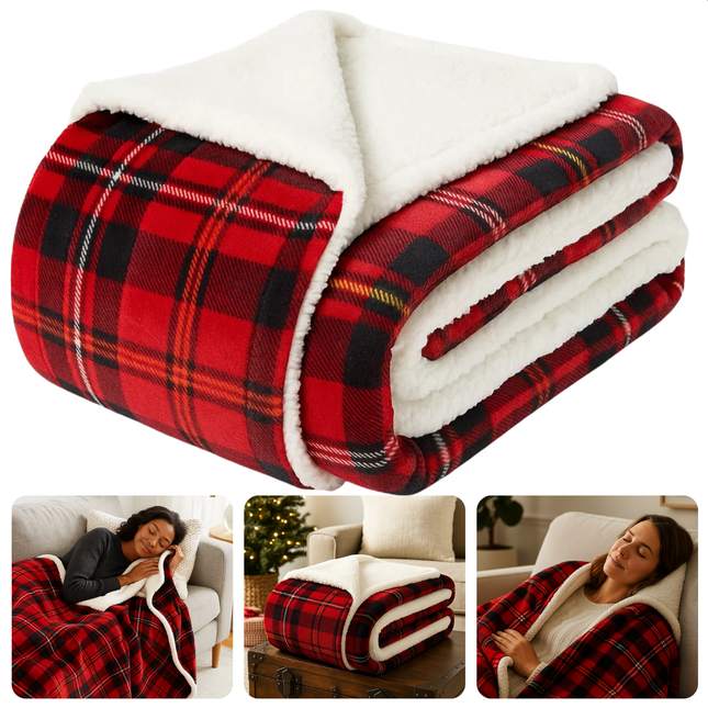 Cheqo® Kerstdeken - 200x150 CM - Plaid Rood Geruit - Flanel Sherpa Fleece - Zachte Warmteplaid - Schotse Ruit - Sfeervolle Woondecoratie - Polyester - Flanel met Print - Sherpa Achterzijde - 1200 Gram - Plaid - Woonaccessoire - Winterdeken
