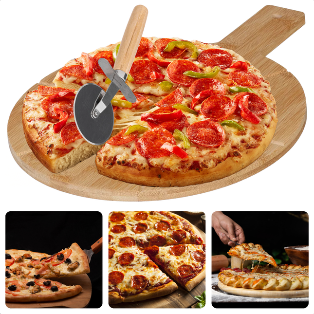 Cheqo® Pizzaplank Bamboe - Inclusief Pizzasnijder - Luxe Pizzabord - Serveerschaal - Tapasplank - Serveerplank - Pizza Serveerplank