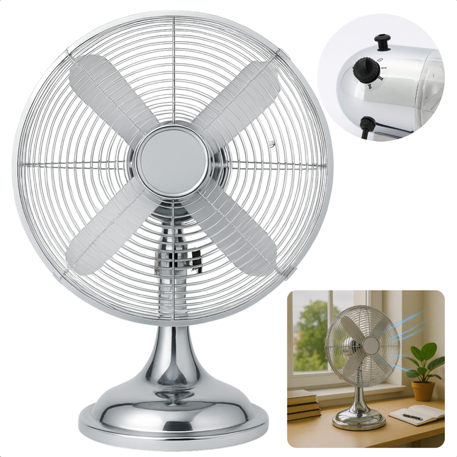 Cheqo® Tafelventilator 30 cm Chroom – Retro Design Ventilator – Oscillerend & Kantelbaar – 3 Snelheden – Metalen Bladen – Vintage Vibe – Stille Bureau Ventilator – Energiezuinig – 35 Watt – Verstelbare Kop – Draagbaar – Old Skool Knop