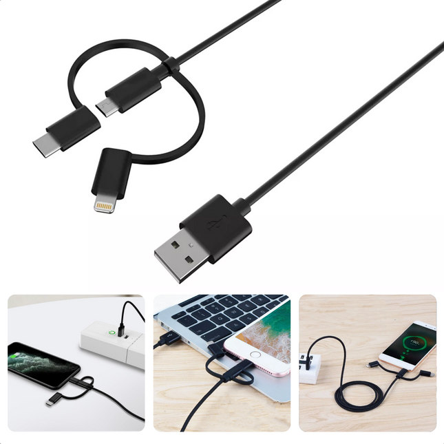 Cheqo® 3-in-1 Oplaadkabel - USB-Kabel voor Smartphones - Oplaadkabel voor Tablet - USB-C-Aansluiting - Lightning - Micro-USB en USB-C - 1,2 Meter Lang - Zwart - Oplader - Multifunctionele Oplaadkabel - Voor Onderweg - Auto - Snellader - Fast Charge Apple Lightning naar USB