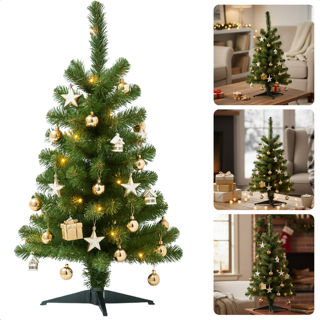 Cheqo® Kerstboom met Verlichting - Kunstkerstboom met LED-Verlichting – 90cm – Groene & Gouden Kerstboom – Met Kerstballen – Kunstkerstboom met Verlichting – Compacte Kerstboom – Kerstdecoratie - Met Gouden Kerstballen