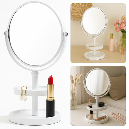 Cheqo® Make-Up Spiegel met Oganizer - Scheer Spiegel - Vergroot Spiegel - Makeup Spiegel met Houder - Wit - Dubbelzijdig - Metaal