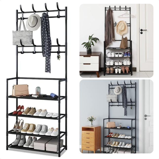 Cheqo® Compact Kledingrek - met Opbergruimte - Ideaal voor Gang of Slaapkamer - 60 x 26 x H155 cm - Lichtgewicht Design - Metaal - Polyester - Schoenenrek - Kapstok - Kledingkast - Multifunctioneel - Stijlvol Design - 8 Haken - 4 Plankjes Kledingrek